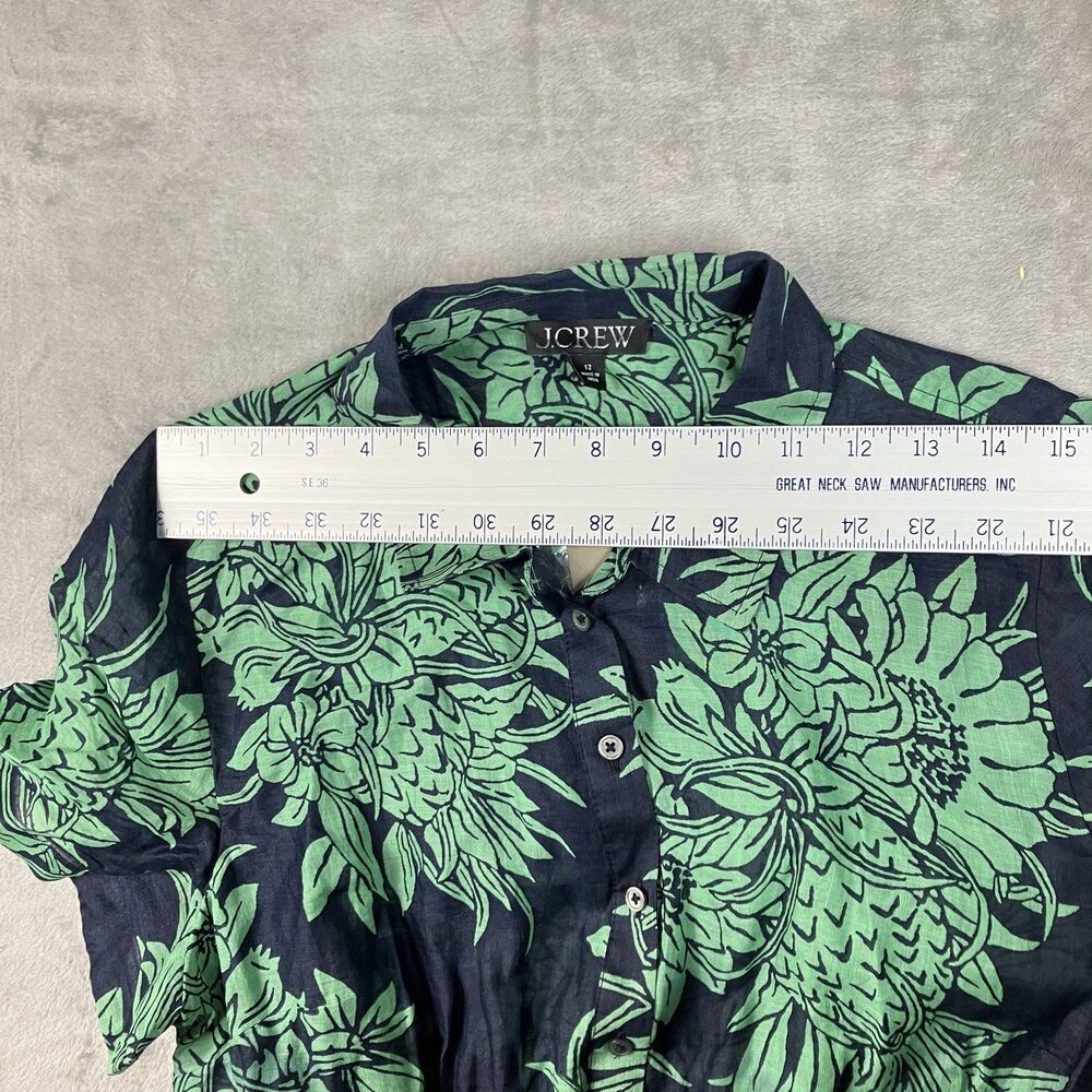 J Crew Ramie Cerise Shirt Dress Womens 12 Navy Green Pineapple Print Midi - Picture 8 of 16